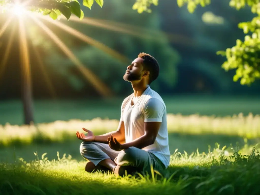 Persona practicando ejercicios de Mindfulness para liberación emocional en un prado soleado, mostrando serenidad y conexión con la naturaleza