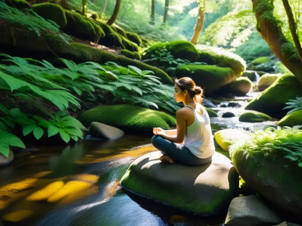 Persona meditando en un entorno natural sereno, conectando con la naturaleza y la práctica de mindfulness y apreciación de la naturaleza