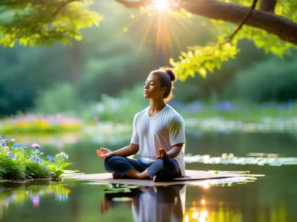 Una persona medita en un entorno natural tranquilo, con luz suave filtrándose entre los árboles