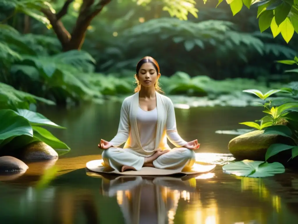 Persona meditando en un entorno natural tranquilo, rodeada de vegetación exuberante y agua suave