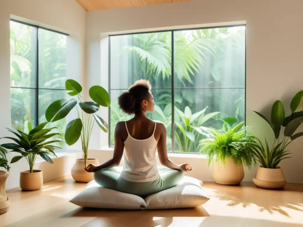 Persona meditando en un espacio luminoso y sereno rodeado de plantas