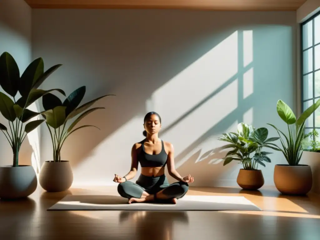 Una persona medita en un espacio minimalista, iluminado por luz natural