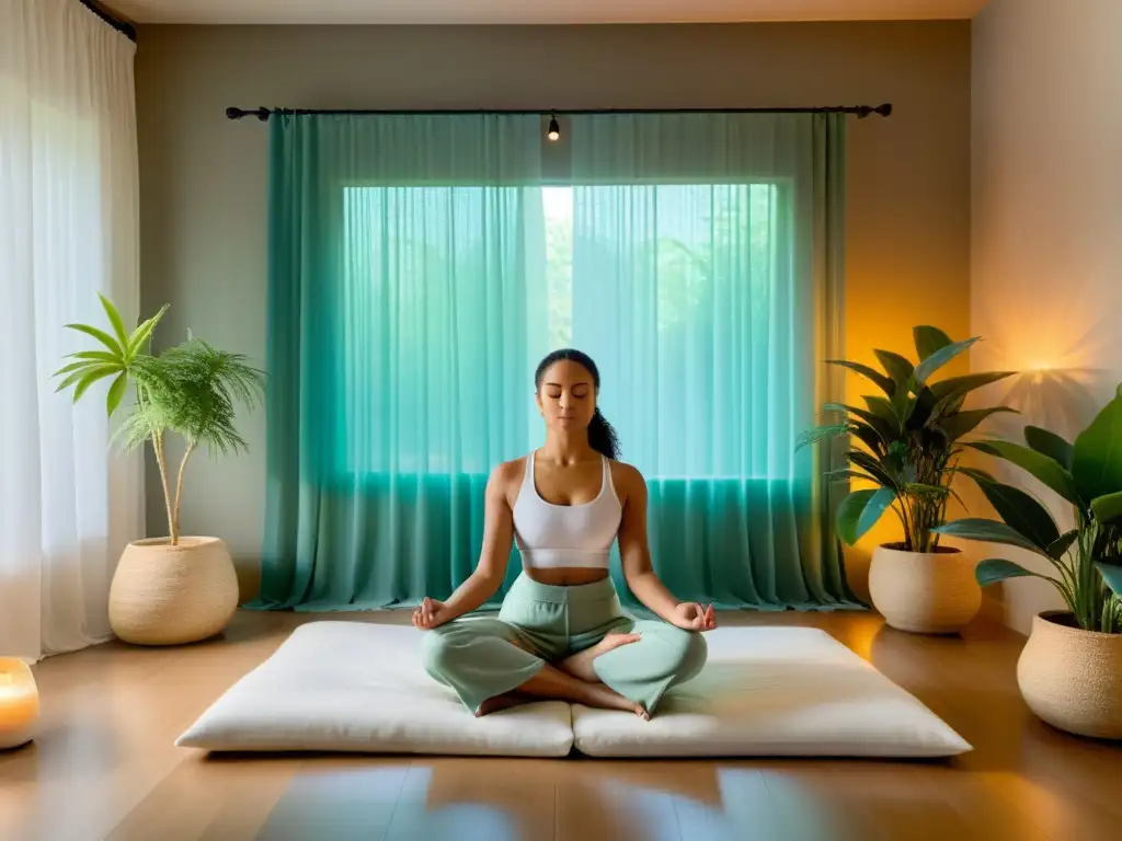 Persona meditando en un espacio sereno con luz natural, plantas y fuente, ideal para técnicas simples de meditación para principiantes