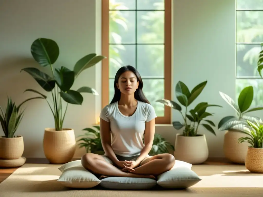 Persona meditando en un espacio sereno con plantas, ventana y luz natural, transmitiendo calma y paz para el manejo del estrés