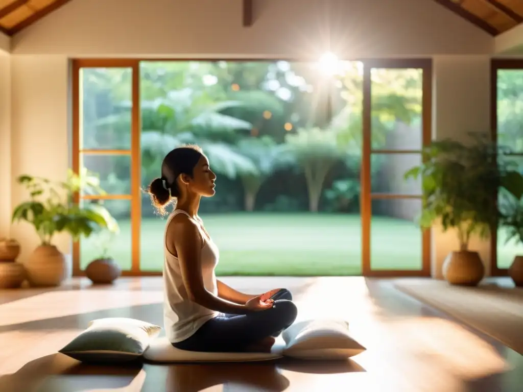 Persona meditando en un espacio sereno y soleado con técnicas simples de meditación para principiantes