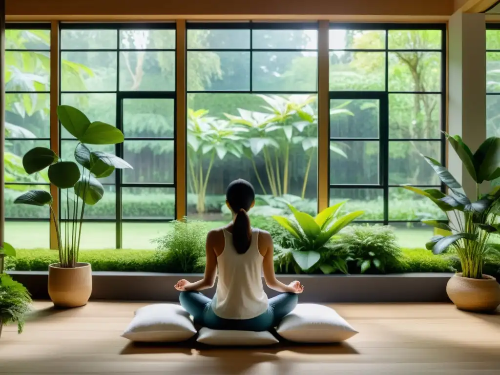 Persona meditando en un espacio sereno con vista a un jardín, rodeada de plantas