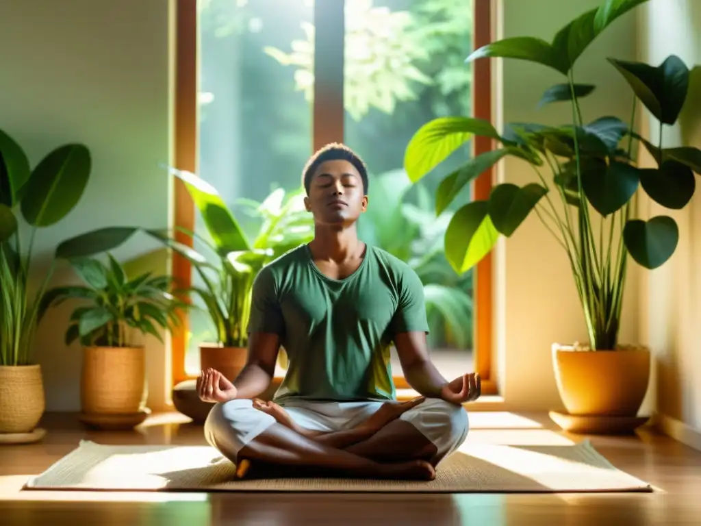 Persona meditando en un espacio tranquilo y soleado rodeada de plantas verdes