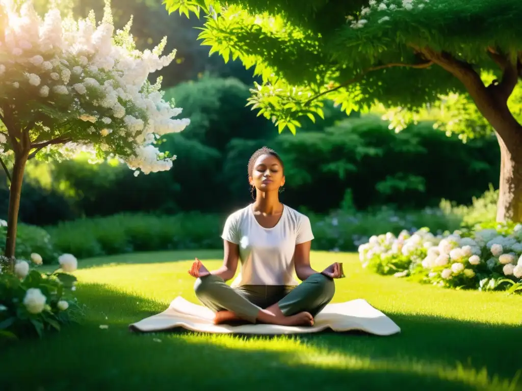 Persona meditando en un jardín exuberante, rodeada de flores y árboles