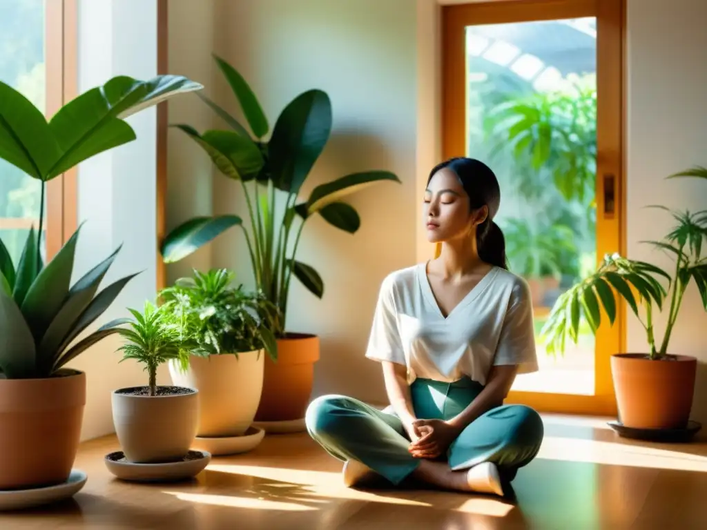 Persona en meditación, integrando la Filosofía del Kaizen para desarrollo, en un espacio minimalista y sereno