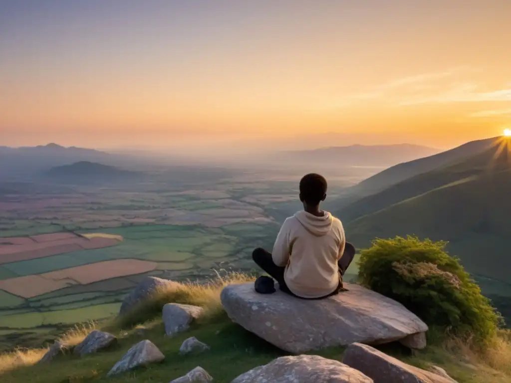 Persona en meditación frente al atardecer en un acantilado, transmitiendo calma y mindfulness para transformar percepción tiempo
