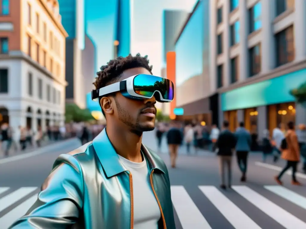 Persona usando gafas de realidad aumentada en la ciudad, interactuando con elementos virtuales