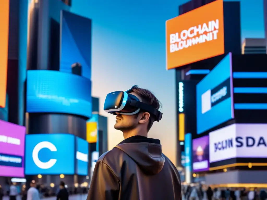 Persona con gafas de realidad virtual contemplando una ciudad futurista con tecnología blockchain