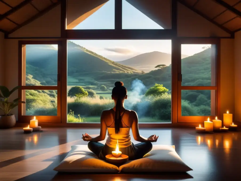 Persona en meditación guiada filosofías del mundo en una habitación tranquila con velas e incienso, iluminada por la luz cálida del sol