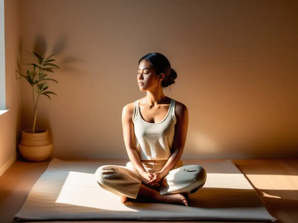 Persona meditando en una habitación iluminada por el sol, emanando tranquilidad y gratitud