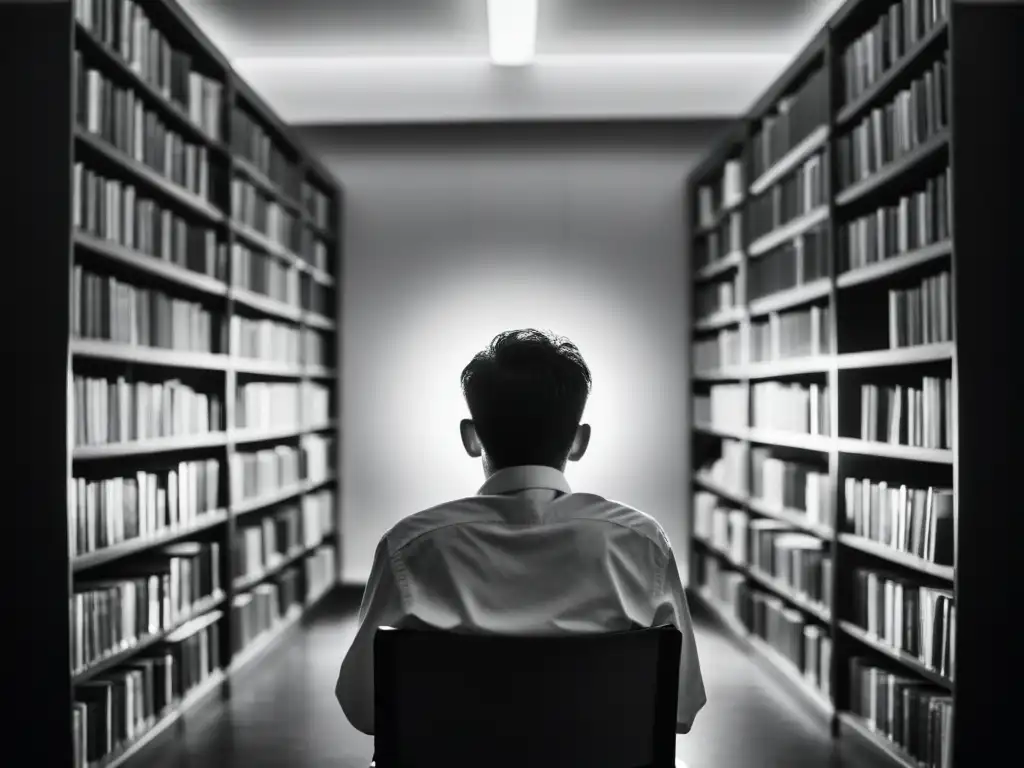 Reflexión filosófica en la penumbra Persona en habitación con libros, pensando en videojuegos inspirados en existencialismo