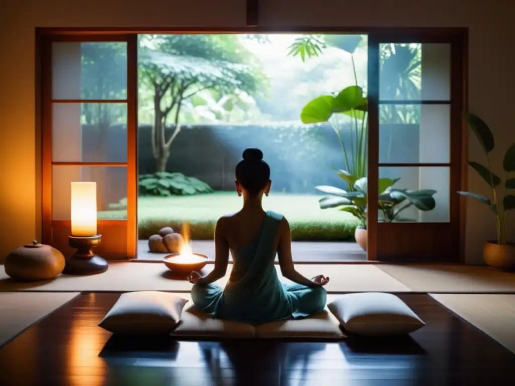 Persona meditando en habitación serena con elementos de filosofía oriental, capturando la esencia de mindfulness y vida plena