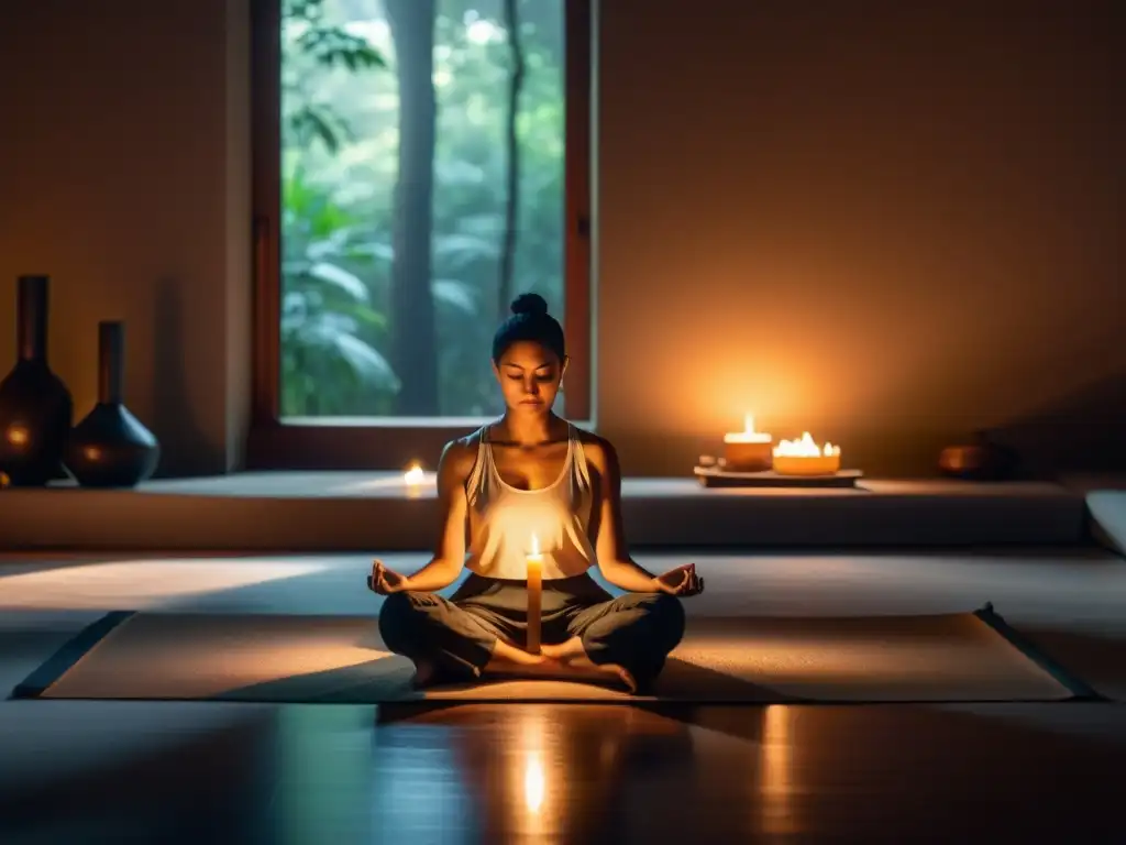 Persona meditando en una habitación serena, iluminada por la luz solar, frente a una vela parpadeante