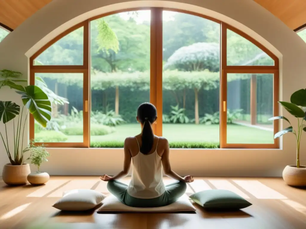 Persona meditando en una habitación serena, iluminada por el sol, con vista a un exuberante jardín