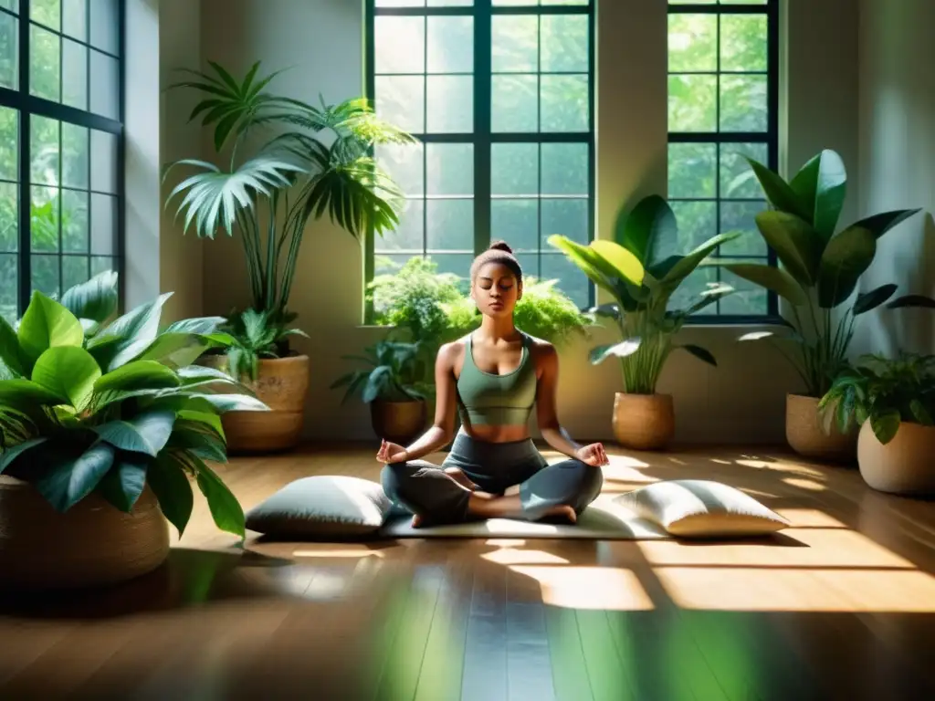 Una persona medita en una habitación serena, iluminada por la luz natural, rodeada de plantas verdes