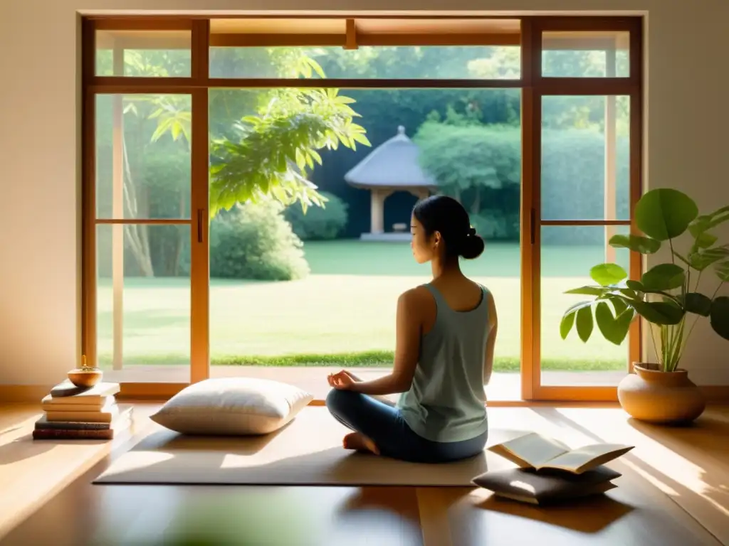 Persona meditando en habitación serena con libros prácticos sobre estoicismo moderno