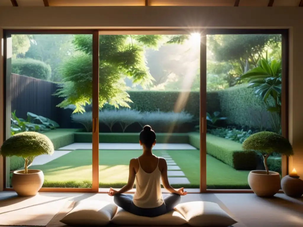 Persona meditando en habitación serena con vista a jardín, reflejando cambios cerebrales práctica meditación neurociencia
