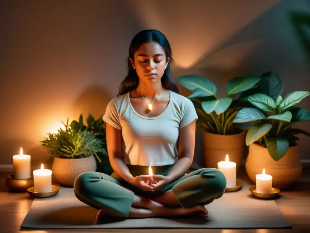 Persona meditando en habitación tranquila, rodeada de velas y plantas