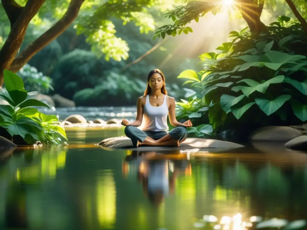 Una persona practica mindfulness como herramienta filosófica en un entorno natural sereno, rodeada de exuberante vegetación y agua tranquila
