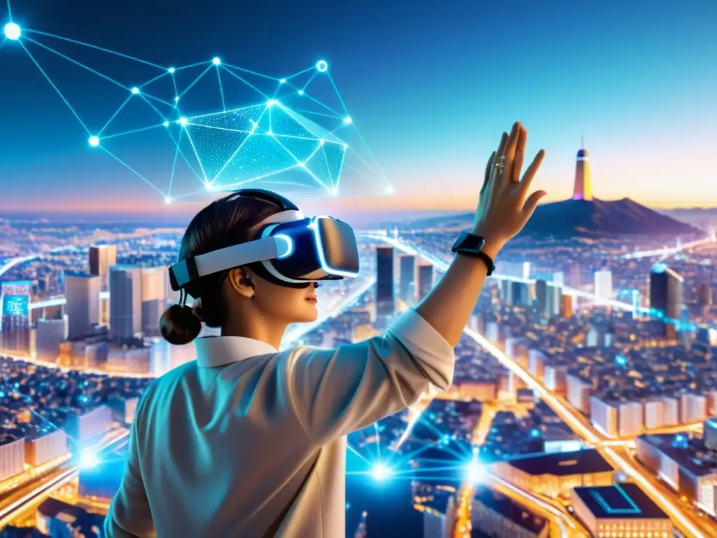 Persona con VR y hologramas en ciudad futurista, simbolizando ontología, descentralización y mundo blockchain