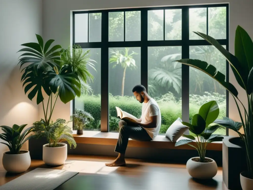 Persona leyendo filosofía para simplificar inversiones en una habitación serena y minimalista, rodeada de plantas y luz natural
