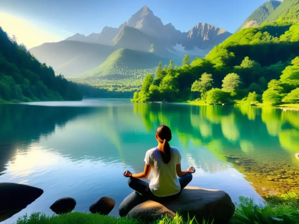 Persona en meditación junto al lago, rodeada de naturaleza exuberante