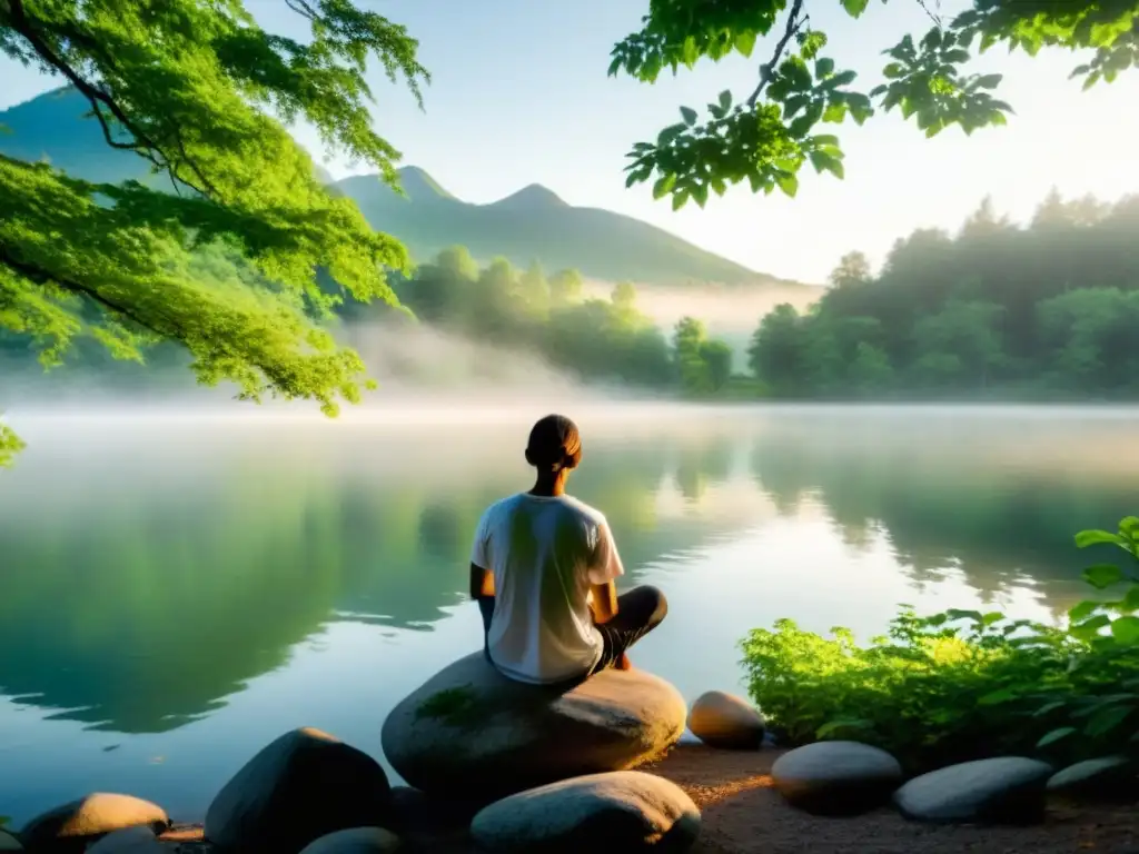 Persona en meditación junto al lago tranquilo, rodeada de naturaleza, para bienestar emocional con mindfulness