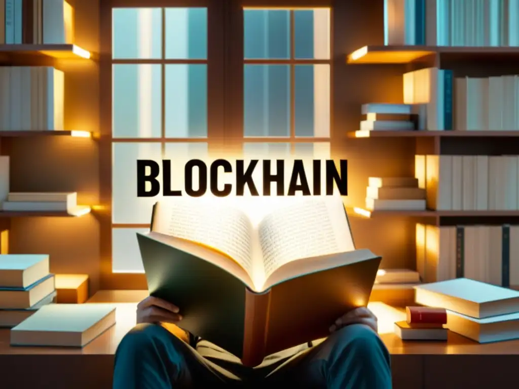 Persona leyendo un libro sobre Blockchain rodeada de libros filosóficos y tecnológicos en estudio acogedor y con luz cálida