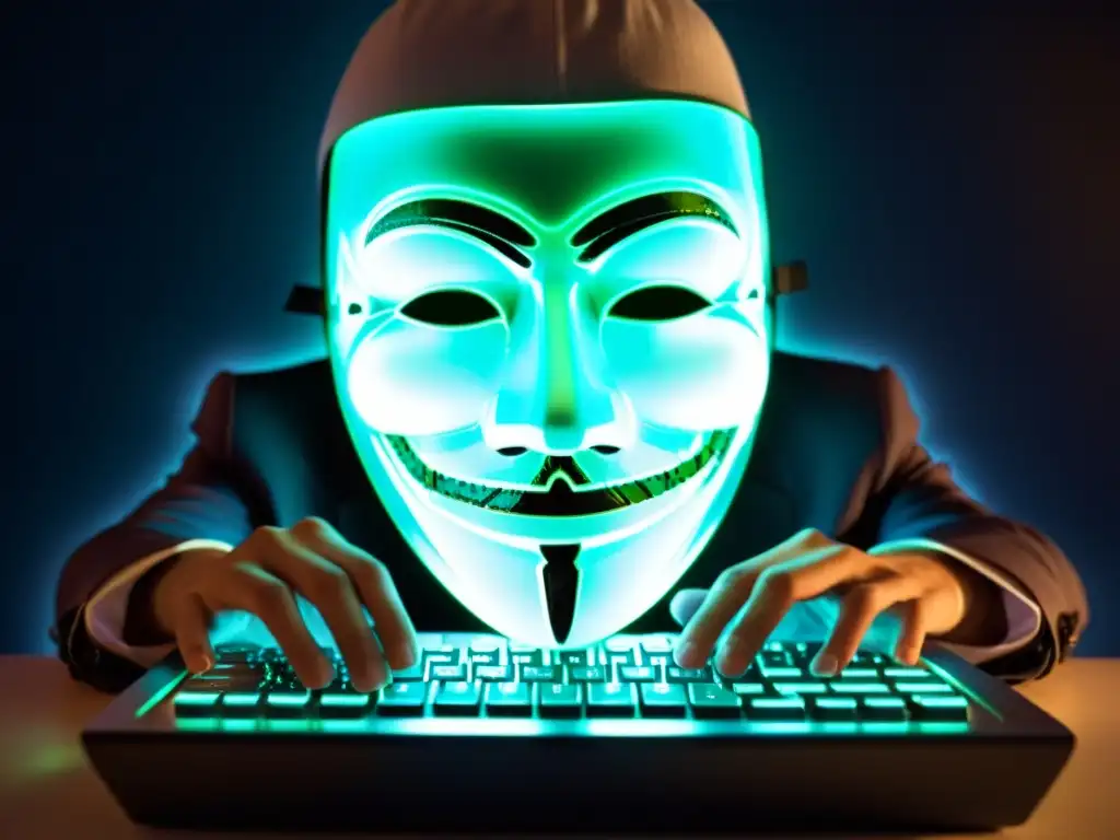 Una persona con máscara de Guy Fawkes frente a la pantalla de un ordenador, tecleando