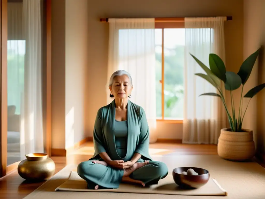 Persona mayor meditando en un ambiente sereno con libros de meditación y cuenco, para mantener mente ágil