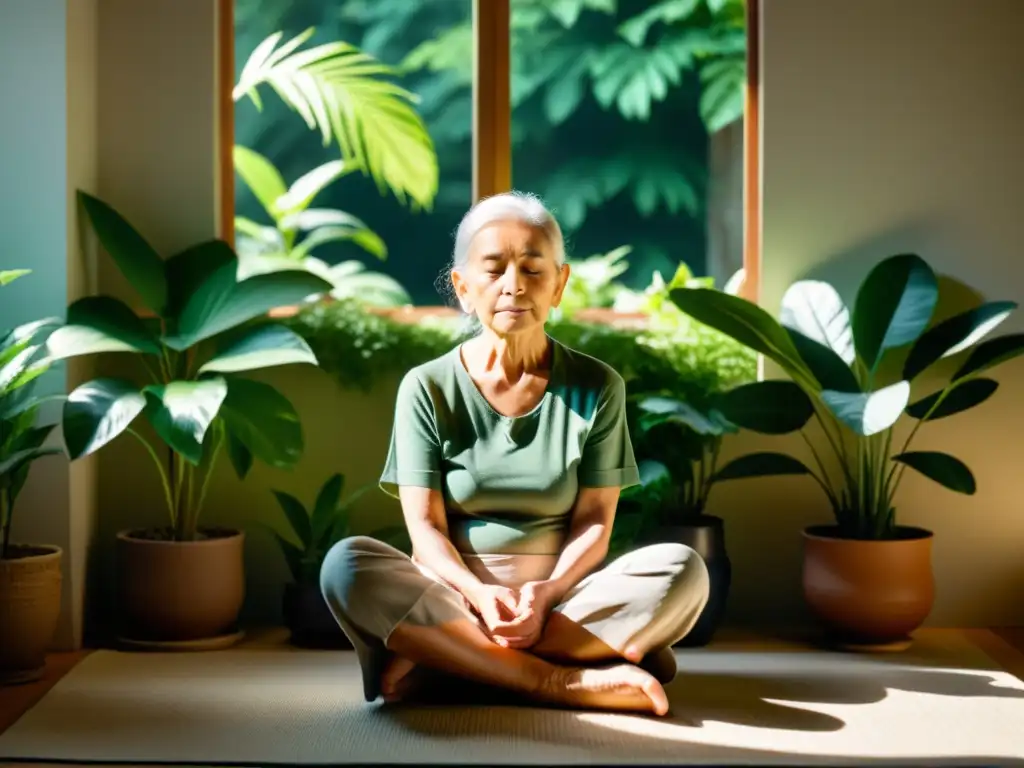 Persona mayor en meditación para mantener mente ágil, rodeada de plantas verdes en un espacio tranquilo y luminoso