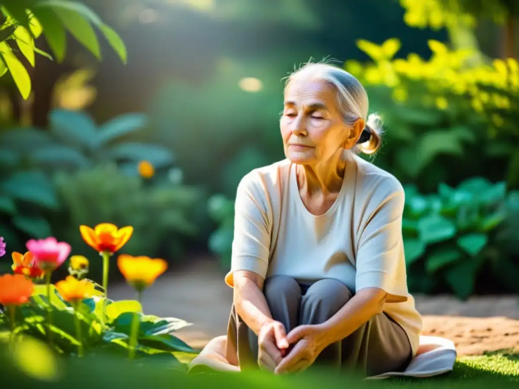 Una persona mayor practica la serenidad en un jardín tranquilo, rodeada de naturaleza exuberante y flores coloridas