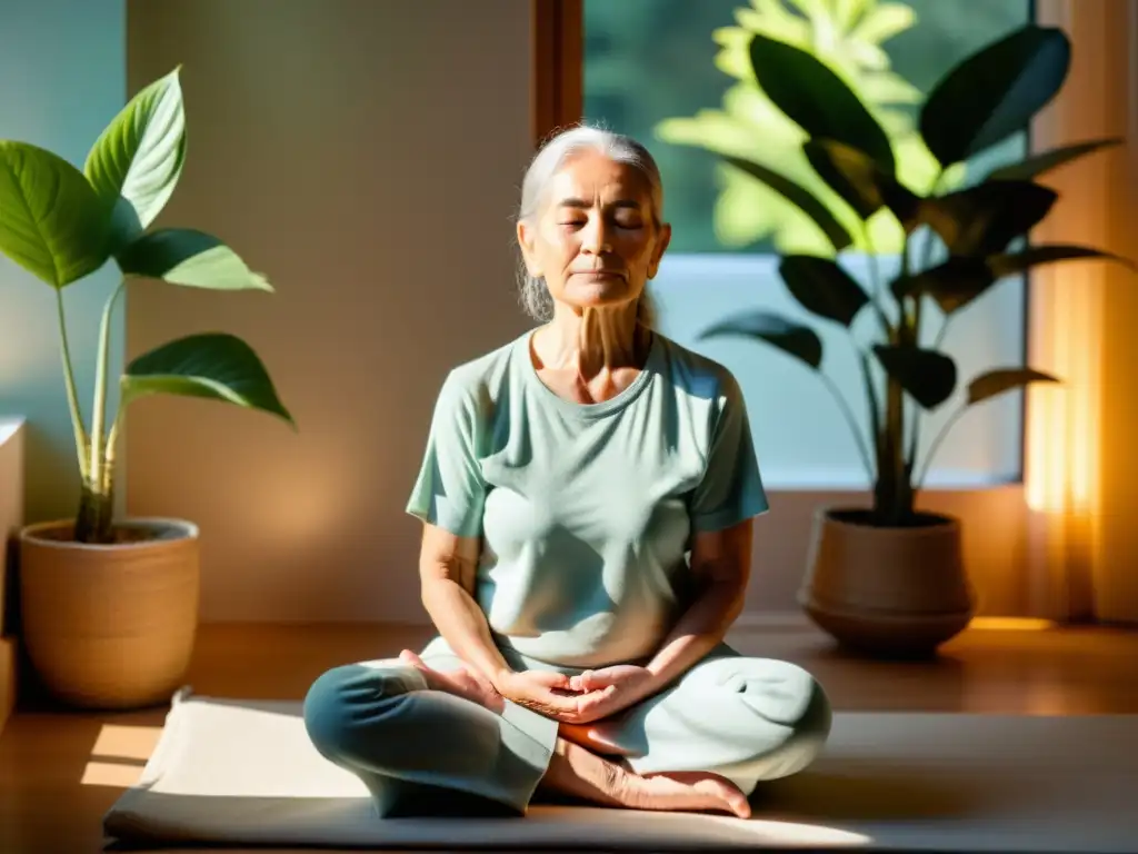 Persona mayor tranquila medita en habitación iluminada por el sol con plantas, reflejando beneficios de la meditación para mantener mente ágil