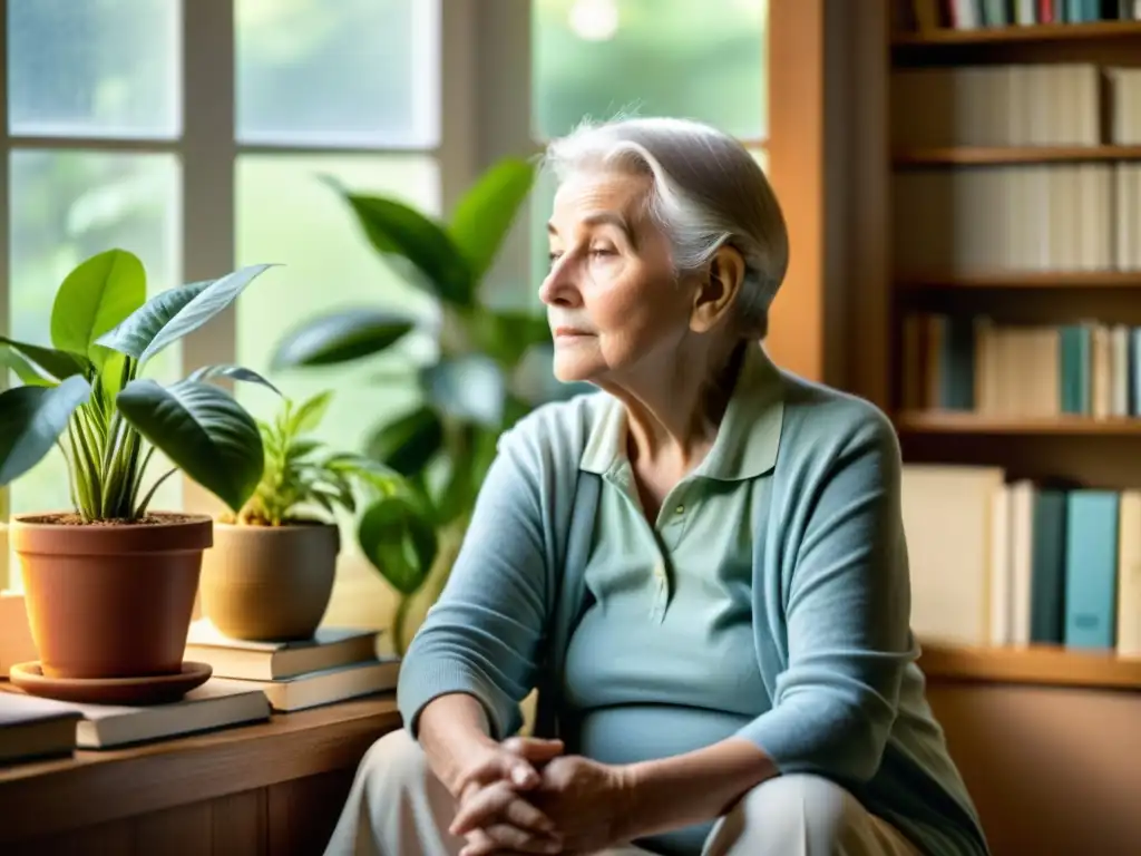 Persona mayor en tranquila habitación, rodeada de libros y plantas, con rostro sereno contemplando jardín