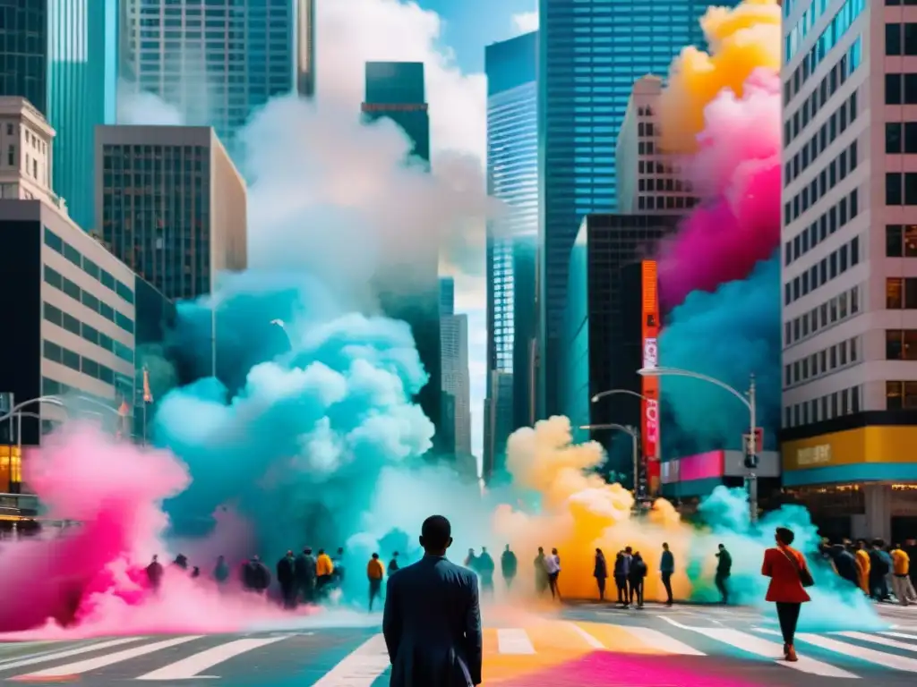 Persona en medio de la ciudad, rodeada de rascacielos y gente, inmersa en un torbellino de colores