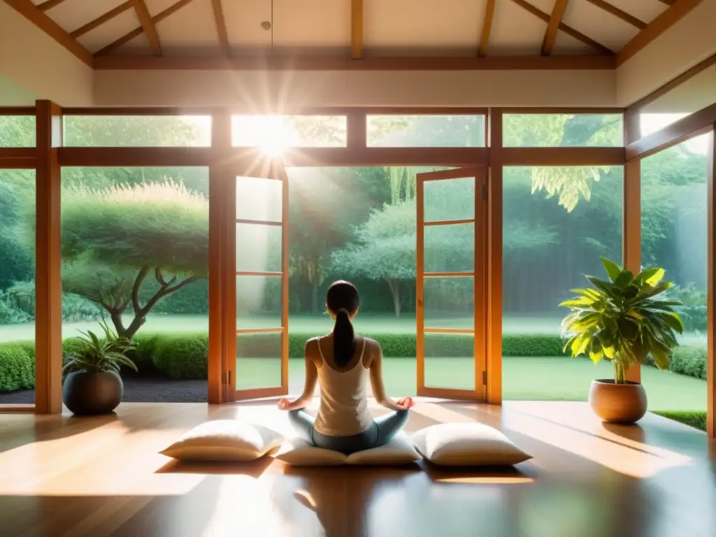 Persona en meditación, iluminada por la luz del sol en un espacio tranquilo con vista al jardín