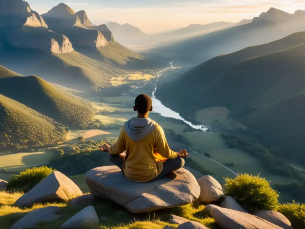 Persona en meditación profunda en un acantilado rocoso, contemplando un valle sereno cubierto de niebla al amanecer
