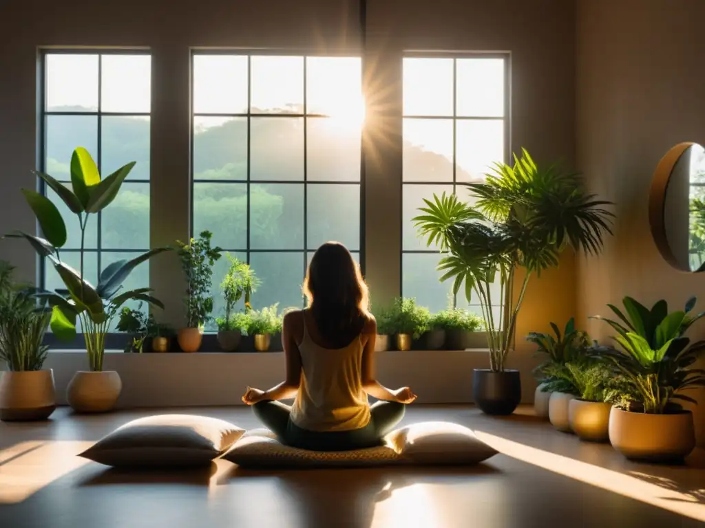 Persona en meditación para mantener mente ágil en habitación serena iluminada por luz dorada