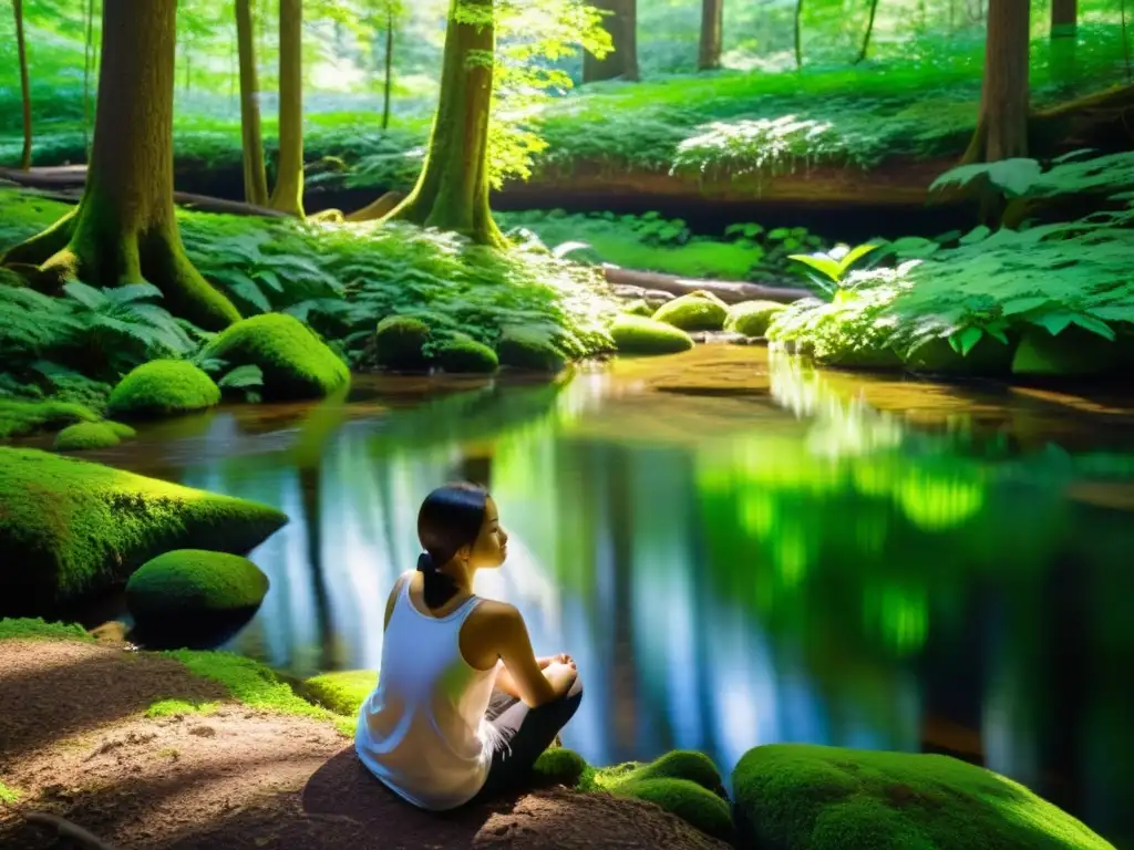 Persona practicando mindfulness en un bosque sereno y exuberante