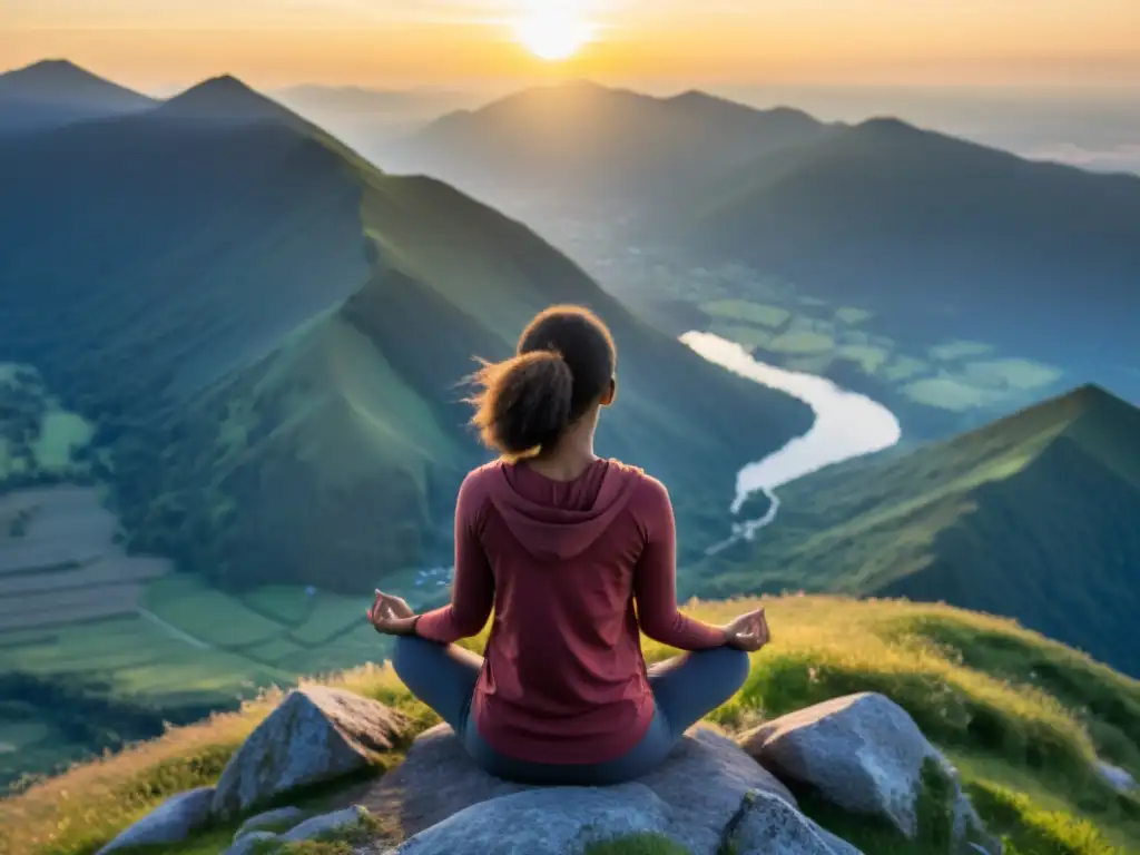 Persona practicando mindfulness en la cima de la montaña al amanecer, disfrutando de los beneficios del mindfulness en salud