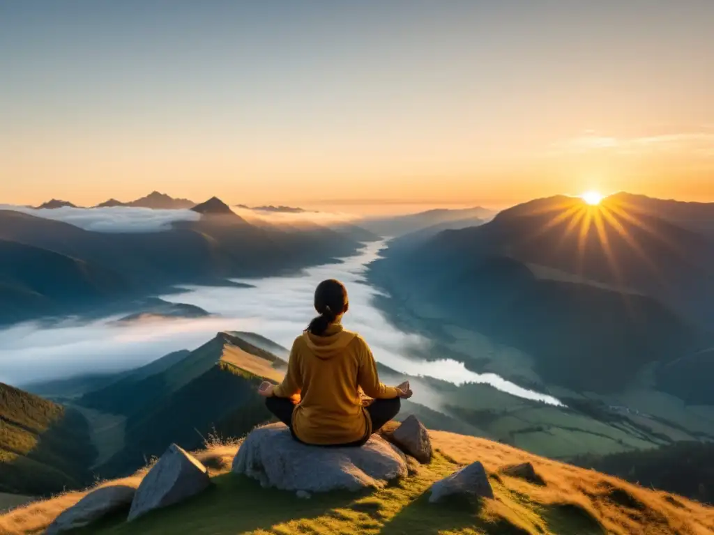 Persona practicando mindfulness en la cima de la montaña al amanecer, rodeada de valles neblinosos