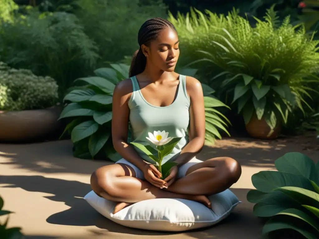 Persona practicando mindfulness como herramienta filosófica, concentrada en una flor entre la naturaleza serena y tranquila