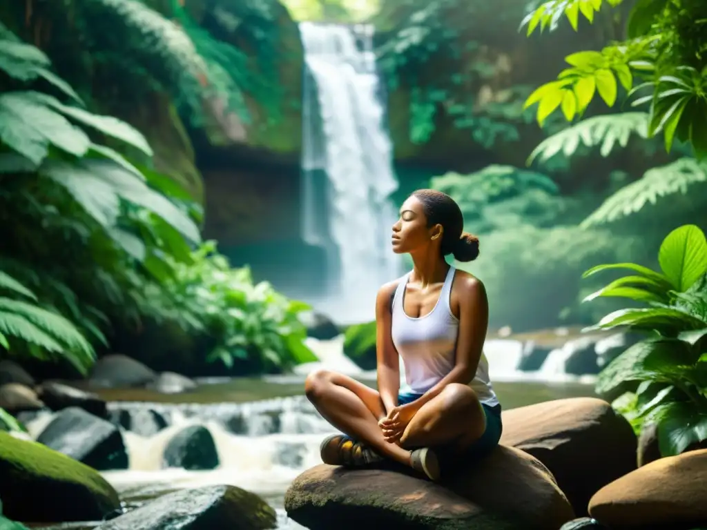 Persona practicando mindfulness en la naturaleza, rodeada de exuberante vegetación y una serena cascada