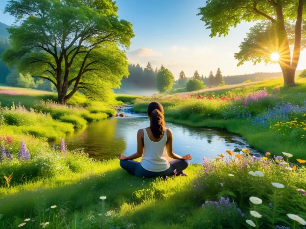 Persona practicando mindfulness en un prado verde con arroyo, rodeada de flores silvestres