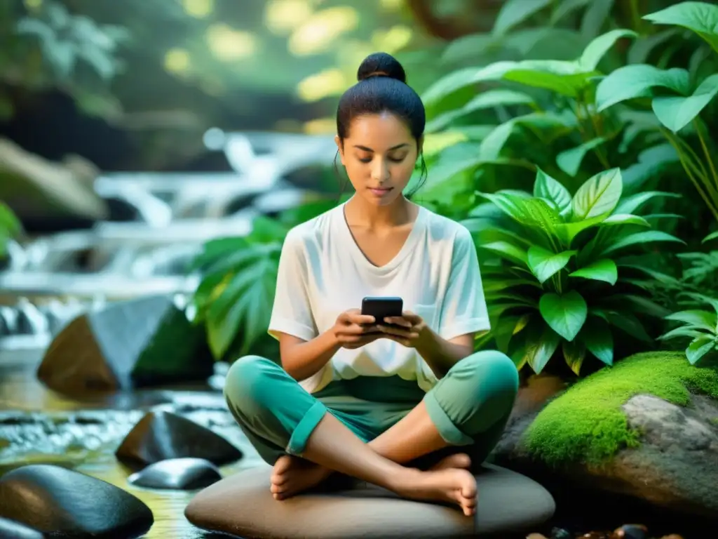 Persona en la naturaleza practicando equilibrio mindfulness era digital