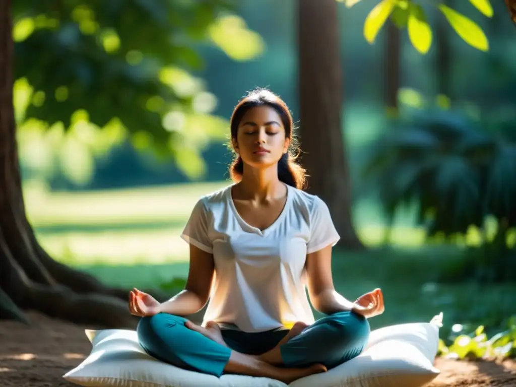 Persona meditando en la naturaleza, transmitiendo paz y conexión espiritual